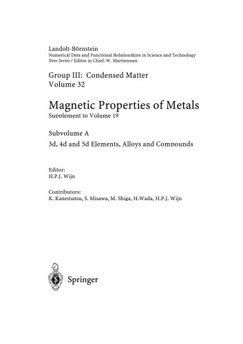 3d, 4d and 5d Elements, Alloys and Compounds (Landolt-Bornstein: Numerical Data and Functional Relationships in Science and Technology - New Series   Condensed Matter)