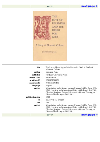 The Love of Learning and The Desire for God: A Study of Monastic Culture