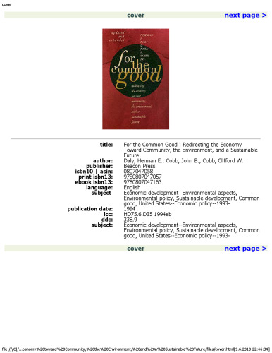 For the Common Good: Redirecting the Economy toward Community, the Environment, and a Sustainable Future