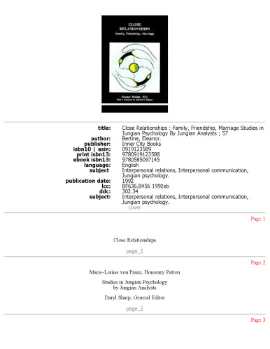Close Relationships: Family, Friendship, Marriage (Studies in Jungian Psychology By Jungian Analysts)