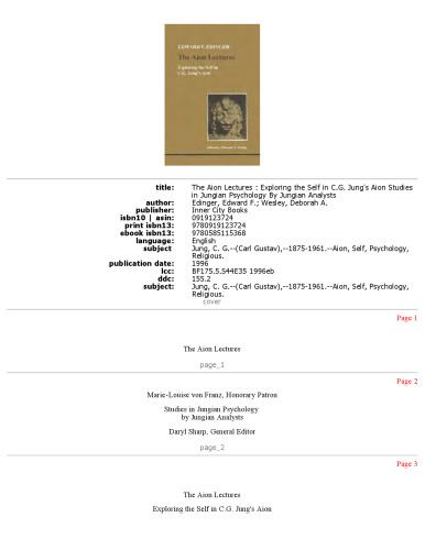 The Aion Lectures: Exploring the Self in C.G. Jung's Aion (Studies in Jungian Psychology By Jungian Analysts)