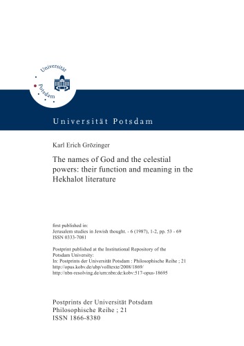 The names of God and the celestial powers: their function and meaning in the Hekhalot literature