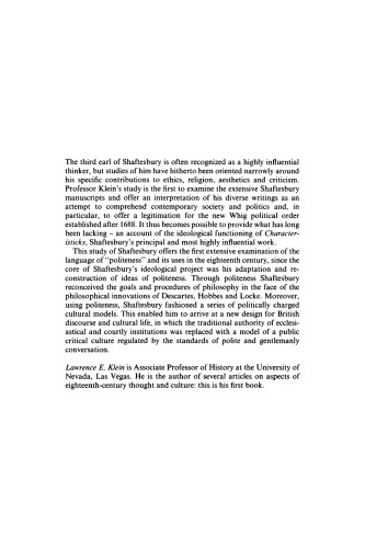 Shaftesbury and the Culture of Politeness: Moral Discourse and Cultural Politics in Early Eighteenth-Century England