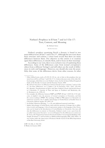 Nathan’s Prophecy in II Sam 7 and in I Chr 17: Text, Context, and Meaning