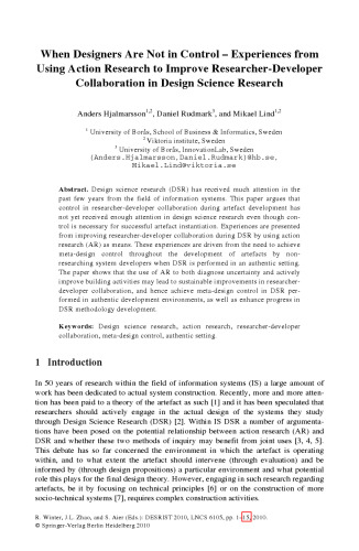 Global Perspectives on Design Science Research: 5th International Conference, DESRIST 2010, St. Gallen, Switzerland, June 4-5, 2010. Proceedings ... Applications, incl. Internet Web, and HCI)