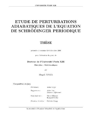 Etude de perturbations adiabatiques de l'equation de Schroedinger periodique