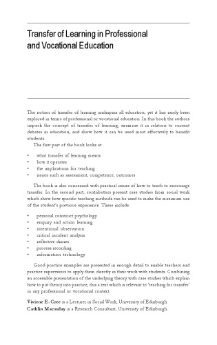 Transfer of Learning in Professional and Vocational Education; Handbook for Social Work Trainers