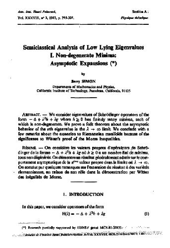 Semiclassical Analysis of Low Lying Eigenvalues I