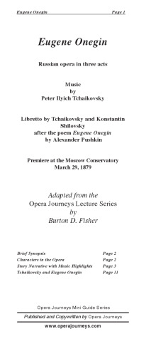 Eugene Onegin the Opera Journeys Mini Guide Series