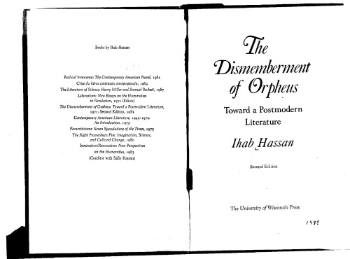 The Dismemberment of Orpheus: Toward a Postmodern Literature