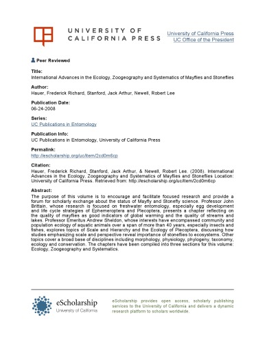 International Advances in the Ecology, Zoogeography, and Systematics of Mayflies and Stoneflies