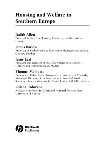 Housing and Welfare in Southern Europe