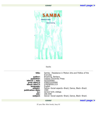 Samba: Resistance in Motion (Arts and Politics of the Everyday)