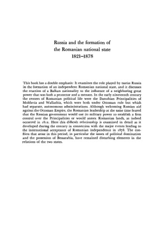 Russia and the Formation of the Romanian National State, 1821-1878
