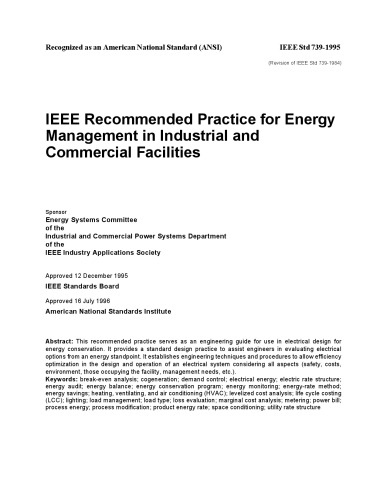 IEEE Std 739-1995, IEEE Recommended Practice for Energy Management in Industrial and Commercial Facilities (The IEEE Bronze Book)