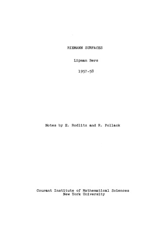 Riemann surfaces: Lectures  given at the Institute of Mathematical Sciences, New York University  1957-1958