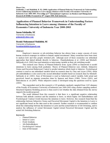 Application of Planned Behavior Framework in Understanding Factors Influencing Intention to Leave among Alumnae of the Faculty of Economics University of Indonesia Year 2000-2003