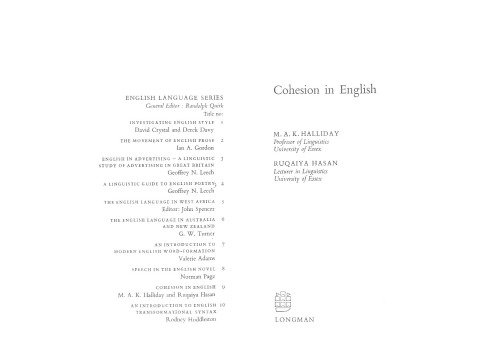 Cohesion in English (English Language Series)