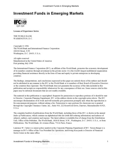 Investment Funds in Emerging Markets (Ifc Lessons of Experience Series, 2)
