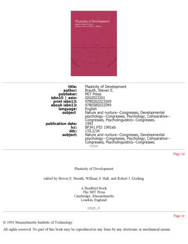 Plasticity of Development (Bradford Books)