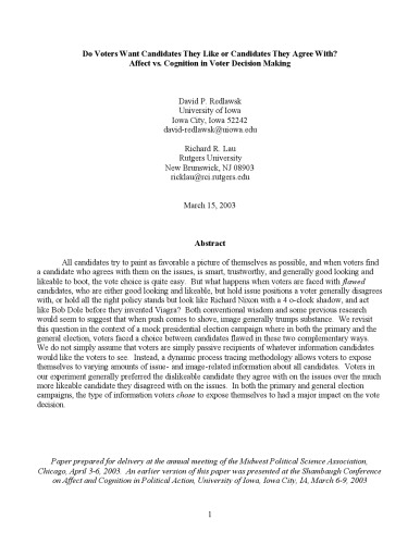 Do Voters Want Candidates They Like or Candidates They Agree With?Affect vs. Cognition in Voter Decision Making
