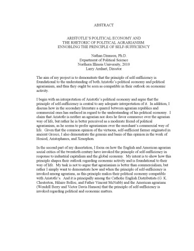 Aristotle's political economy and the rhetoric of political agrarianism: Ennobling the principle of self-sufficiency