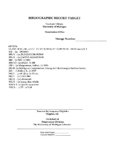 Beitraege zur numerischen Loesung der Gleichungen fuenften Grades
