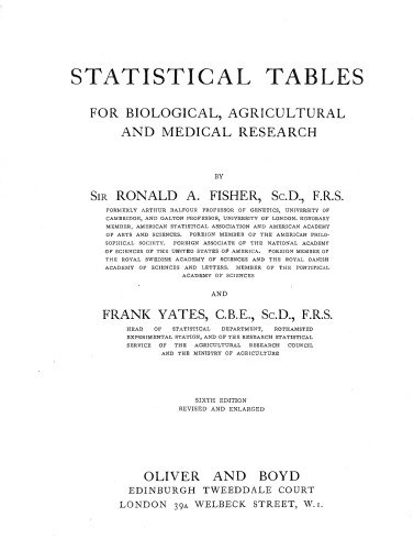 Statistical Tables for Biological, Agricultural and Medical Research, Sixth Edition