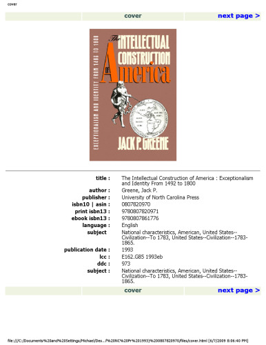 The Intellectual Construction of America: Exceptionalism and Identity from 1492 to 1800