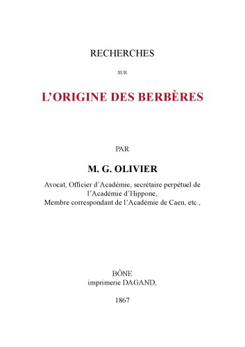 Recherches sur l'origine des Berbères