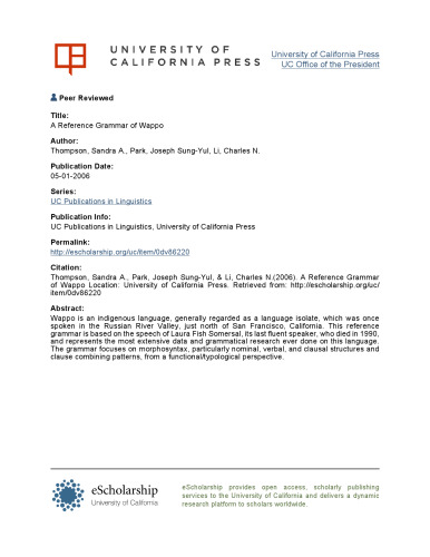 A Reference Grammar of Wappo (University of California Publications in Linguistics)