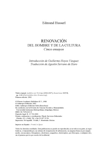 Renovacion del Hombre y de la Cultura: Cinco Ensayos (Aufsätze und Vorträge 1922-1937, Husserliana XXVII)