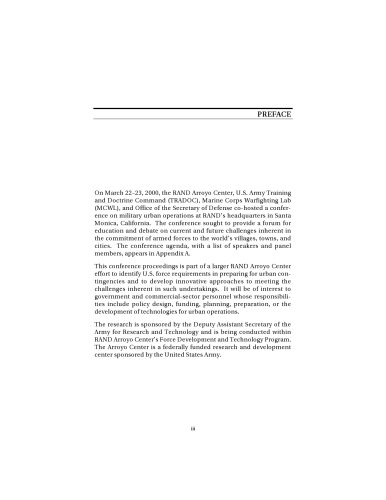 Capital Preservation: Preparing for Urban Operations in the Twenty-First Century--Proceddings of the RAND Arroyo-TRADOC-MCWL-OSD Urban Operations Conference, March 22-23, 2000 (Documented Briefing)