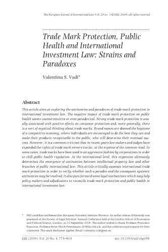 Trade Mark Protection, Public Health and International Investment Law