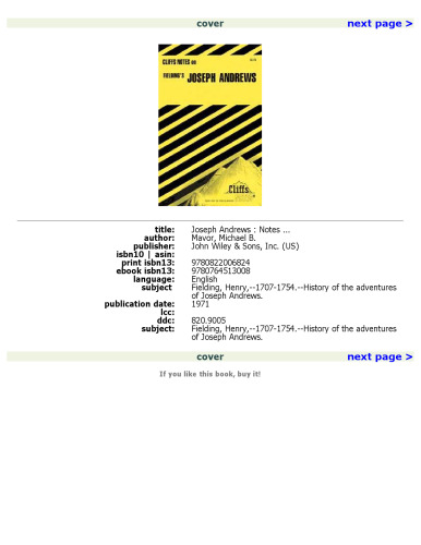 Cliffsnotes Joseph Andrews (Cliffs Notes)