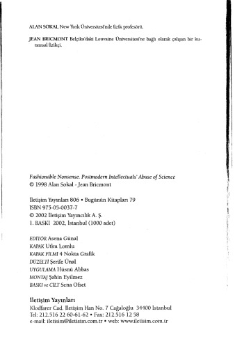 Son moda saçmalıklar : postmodern aydınların bilimi kötüye kullanmaları  Fashionable Nonsense: Postmodern Intellectuals' Abuse of Science