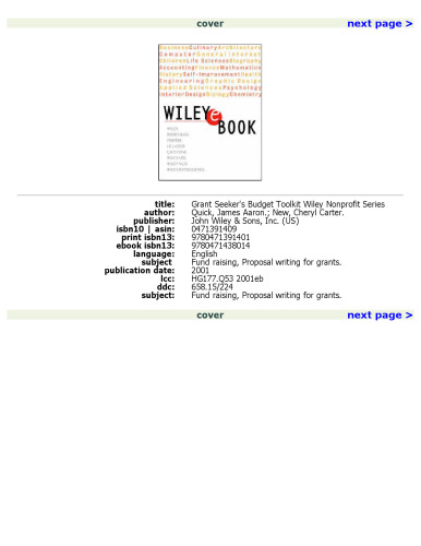 Grant Seeker's Budget Toolkit (Wiley Nonprofit Law, Finance and Management Series)