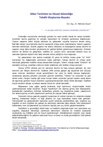 Siber Terörizm ve Ulusal Güvenliğe Tehdit Oluşturma Boyutu