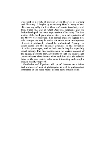 Recollection and Experience: Plato's Theory of Learning and its Successors