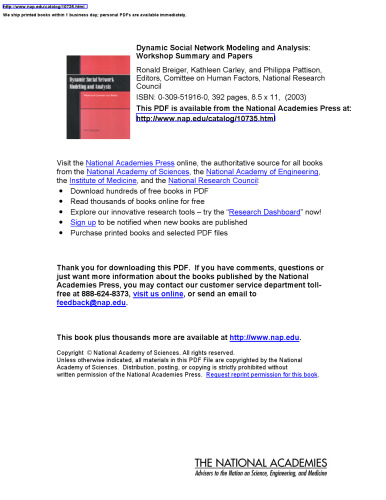 Dynamic Social Network Modeling and Analysis: Workshop Summary and Papers