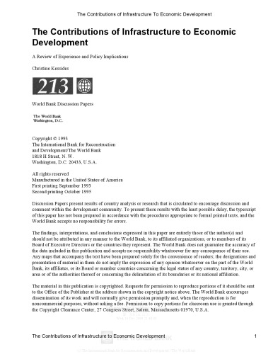 The Contributions of Infrastructure to Economic Development: A Review of Experience and Policy Implications (World Bank Discussion Paper)