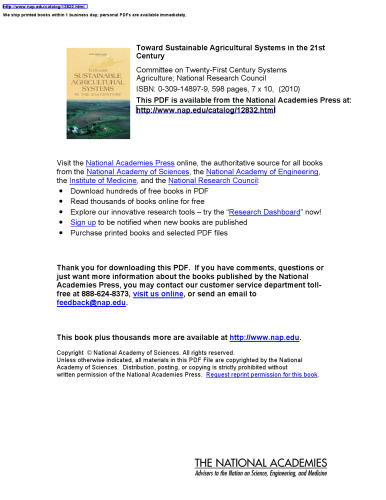 Toward Sustainable Agricultural Systems in the 21st Century (National Research Council)