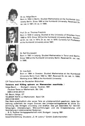 Twistors and Killing Spinors on Riemannian Manifolds (Teubner-Texte zur Mathematik)