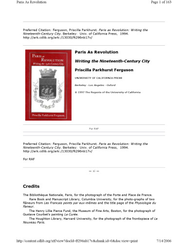 Paris as Revolution: Writing the Nineteenth-Century City