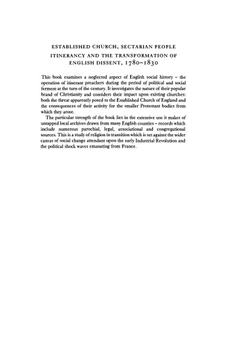 Established Church, Sectarian People: Itinerancy and the Transformation of English Dissent, 1780-1830