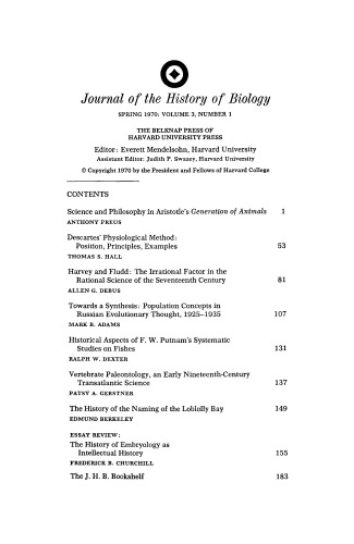Journal of the History of Biology, Vol. 3, No. 1