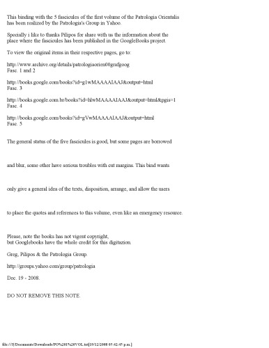 Patrologia Orientalis Tomus Primus