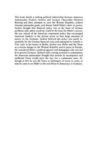 Ambassador Frederic Sackett and the Collapse of the Weimar Republic, 1930-1933
