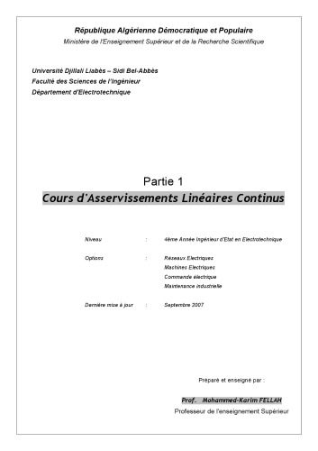 Cours d'Asservissements Linéaires Continus
