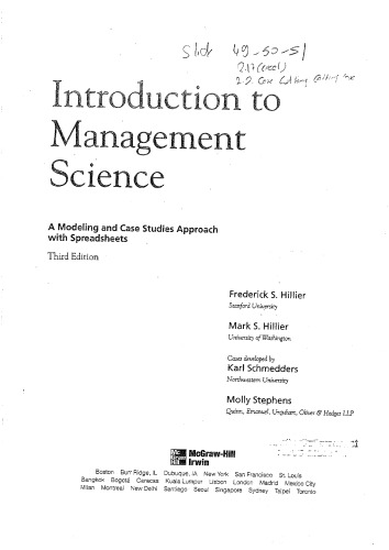 Introduction to Management Science: A Modeling and Case Studies Approach with Spreadsheets 3rd Ed